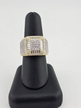 Sterling Silver 925 Gold-Tone Pave Square Statement Ring with Clear C.z Stones